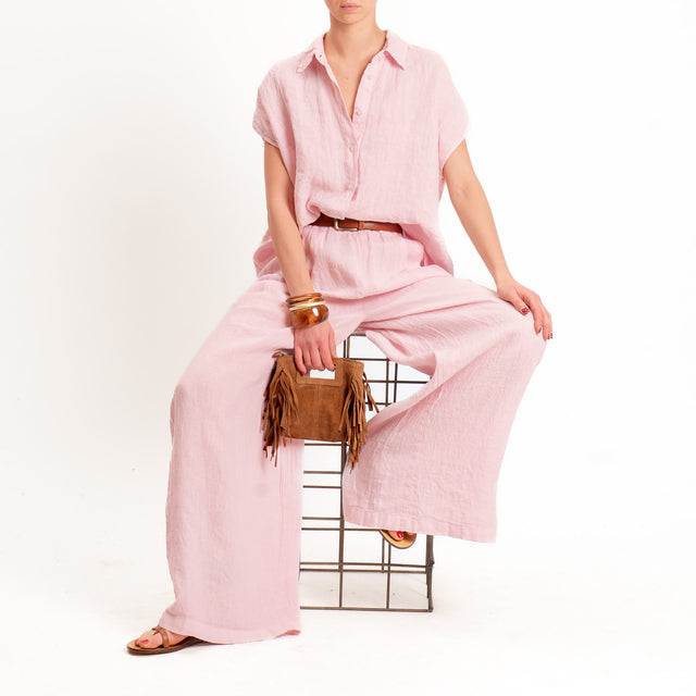 Zeroassoluto-Pantalone wide leg 100% lino premium washed- light pink