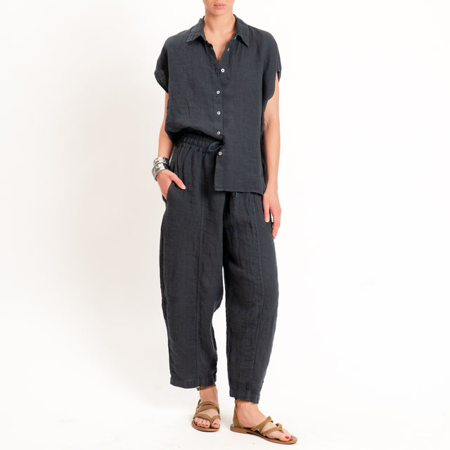 Zeroassoluto-Pantalone barrel elastico in vita 100% lino premium washed - piombo