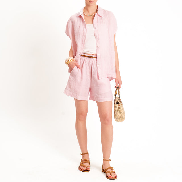 Zeroassoluto-Shorts elastico in vita 100% lino premium washed- light pink