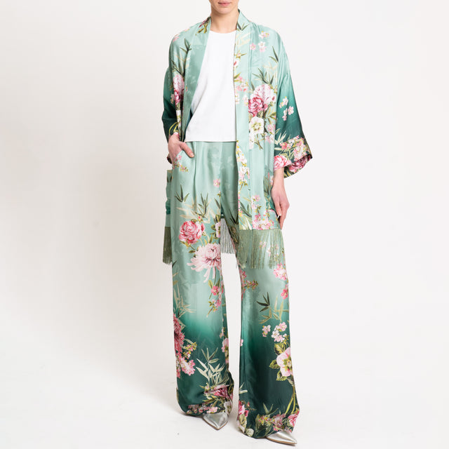 Dixie-Kimono fantasia floreale con frange - acqua/verde/rosa