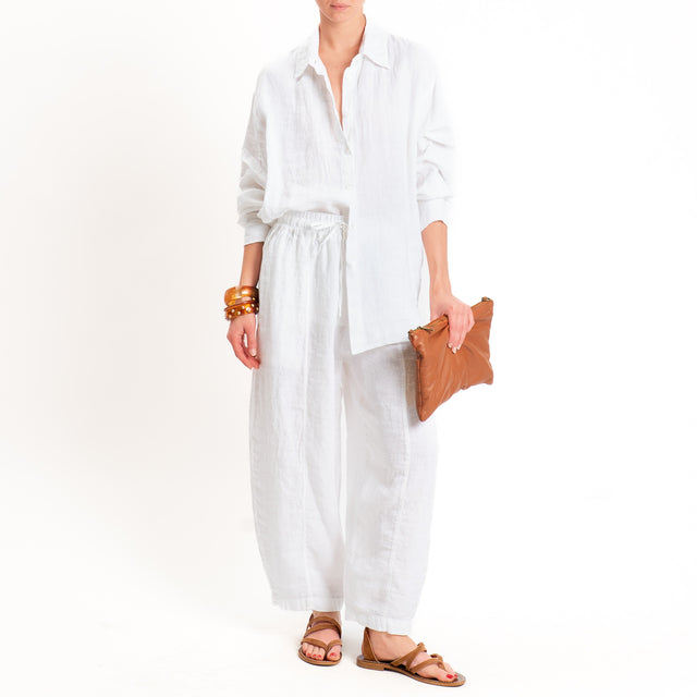 Zeroassoluto-Pantalone barrel elastico in vita 100% lino premium washed - bianco