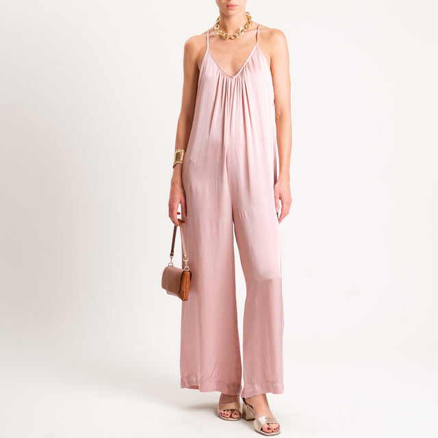 Tensione in-Tuta satin doppio scollo v con tasche - rosa
