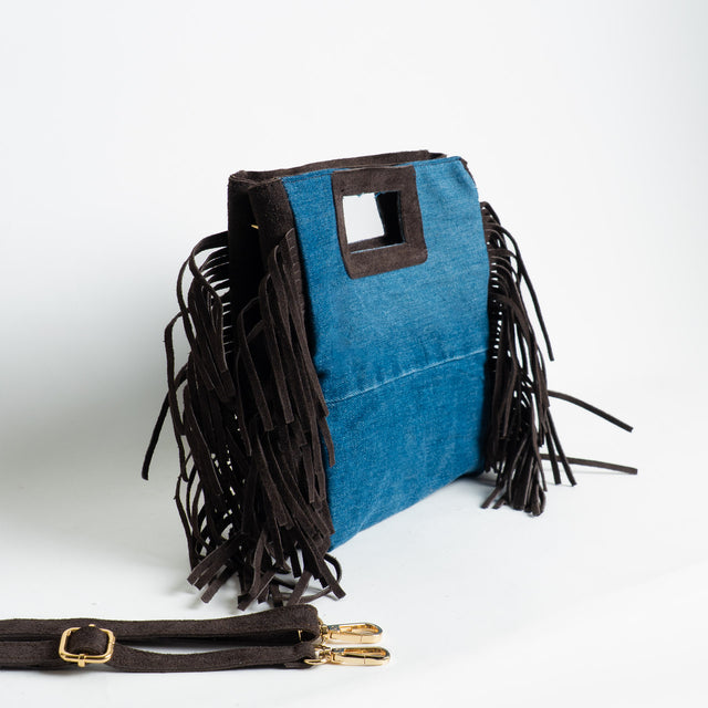 W by Whitemood-Borsa a mano jeans con frange - denim/moro