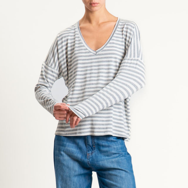 Zeroassoluto-T-shirt a righe scollo a v in jersey - latte/grigio melange