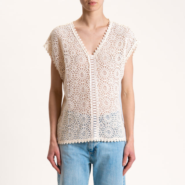 Souvenir-Maglia crochet scollo v - ecru'