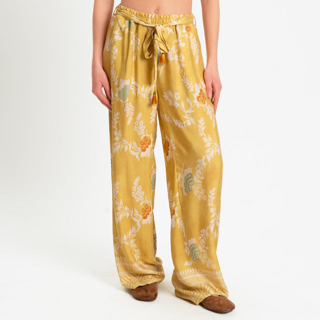 Wu'side-Pantalone fantasia floreale con coulisse - giallo/sand