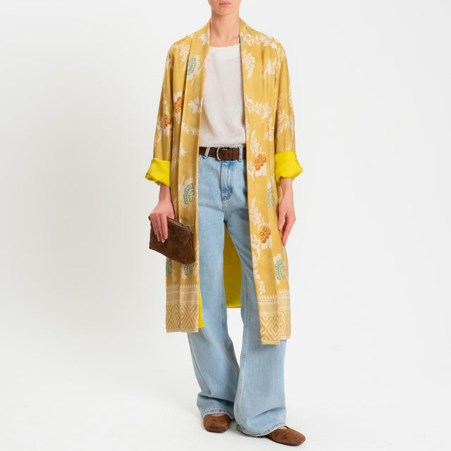 Wu'side-Kimono lungo fantasia floreale - giallo/sand