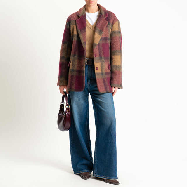 Vicolo-Giacca check misto lana con cintura - vino/cuoio