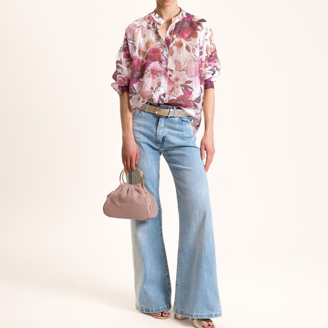 Zeroassoluto-Camicia MINA mussola lyocell a scatola collo coreana - fiori burro/moro/malva