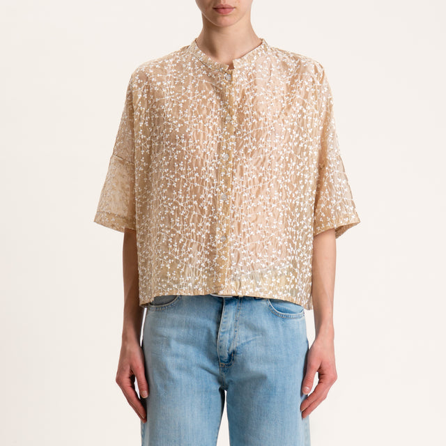 Zeroassoluto-Camicia scatola con ricami collo coreana - beige/bianco