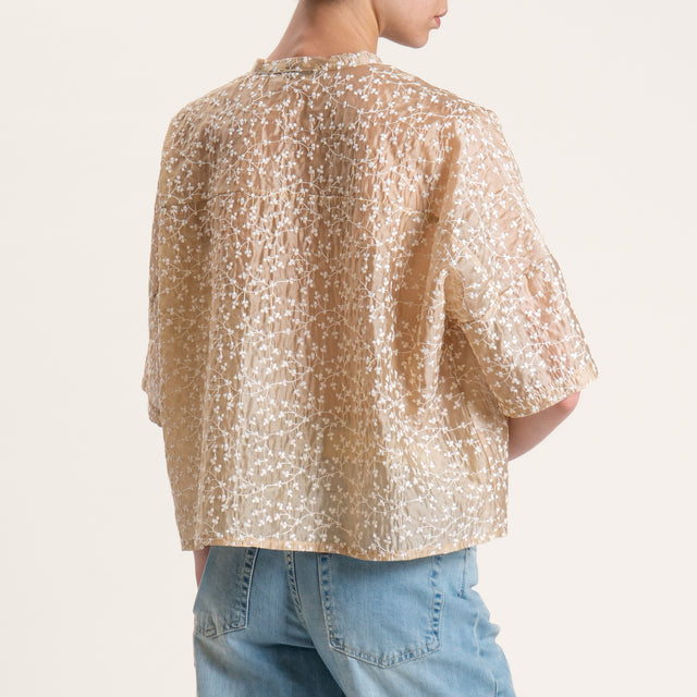 Zeroassoluto-Camicia scatola con ricami collo coreana - beige/bianco