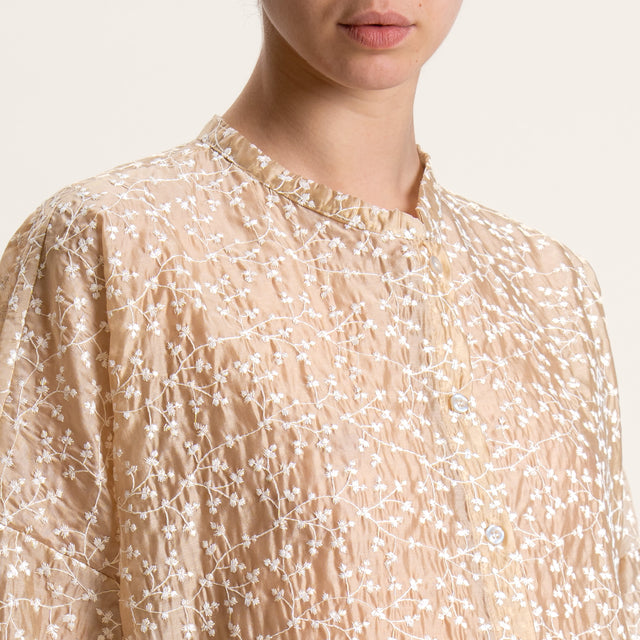 Zeroassoluto-Camicia scatola con ricami collo coreana - beige/bianco
