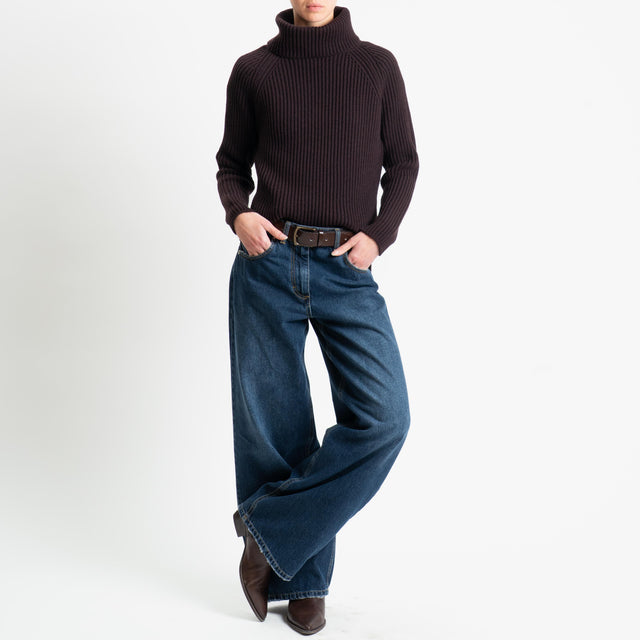 Motel-Maglia collo alto costa inglese spacchi laterali - moro