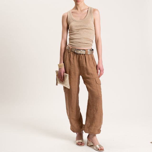 Dixie-Pantalone cargo in lino elastico in vita - tabacco