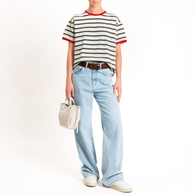 Haveone-Maglia scatola a righe cotone riciclato - rosso/moro/acqua