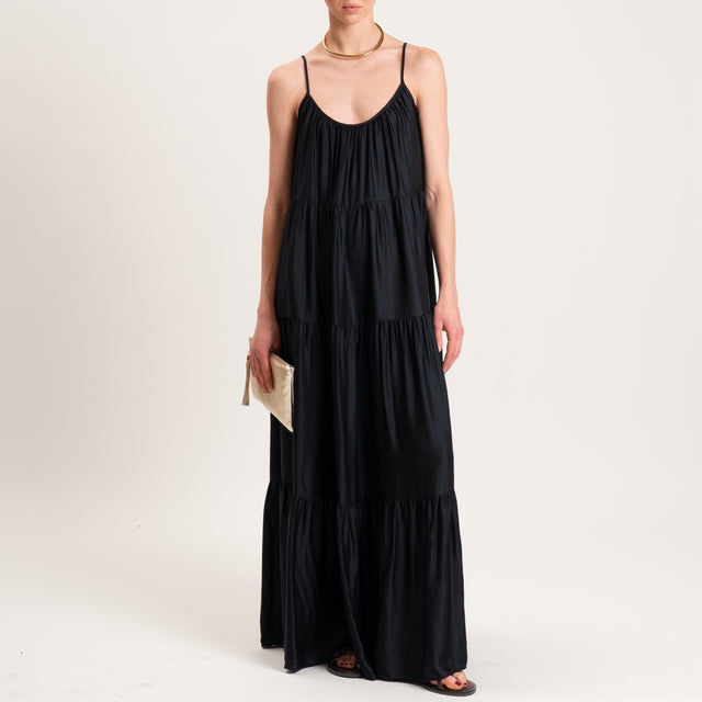 Motel-Abito in satin bretelle regolabili con balze - nero