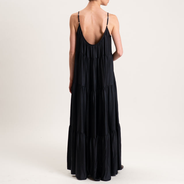 Motel-Abito in satin bretelle regolabili con balze - nero