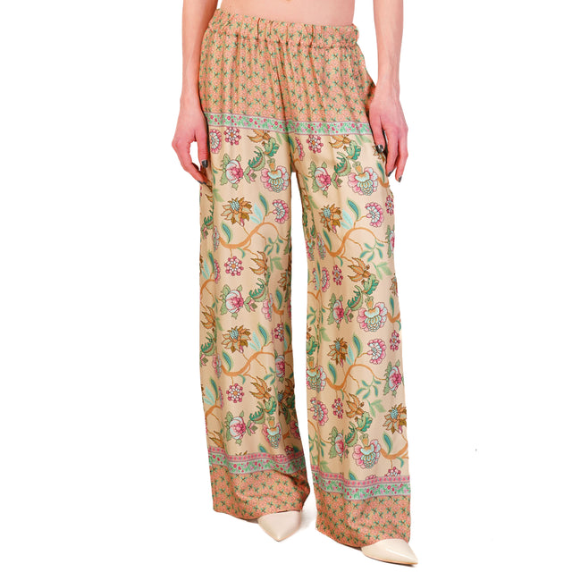 Wu'side-Pantalone fantasia elastico in vita - peach/fucsia/verde