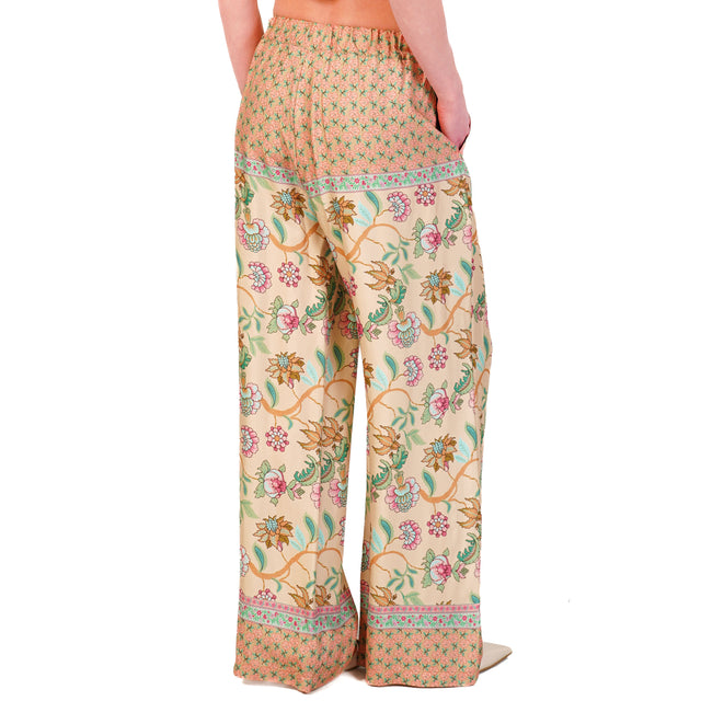 Wu'side-Pantalone fantasia elastico in vita - peach/fucsia/verde