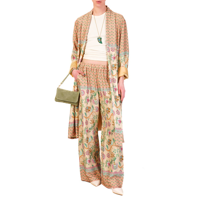 Wu'side-Pantalone fantasia elastico in vita - peach/fucsia/verde