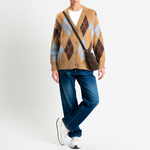 Tensione in-Cardigan rombi argyle misto alpaca - camel/moro/azzurro