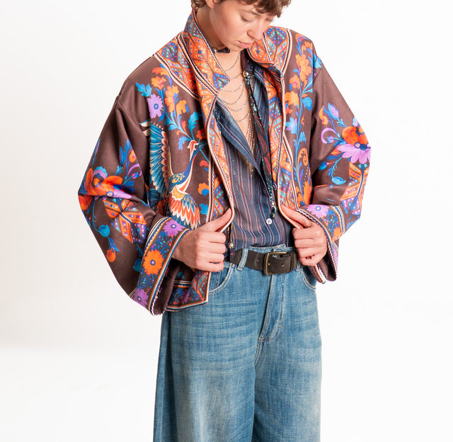 Haveone-Giacca kimono fantasia airone - moro/arancio/ottanio