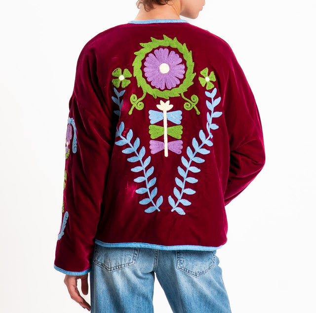 Tensione in-Giacca kimono velluto ciniglia con ric - bordeaux/azzurro/verde