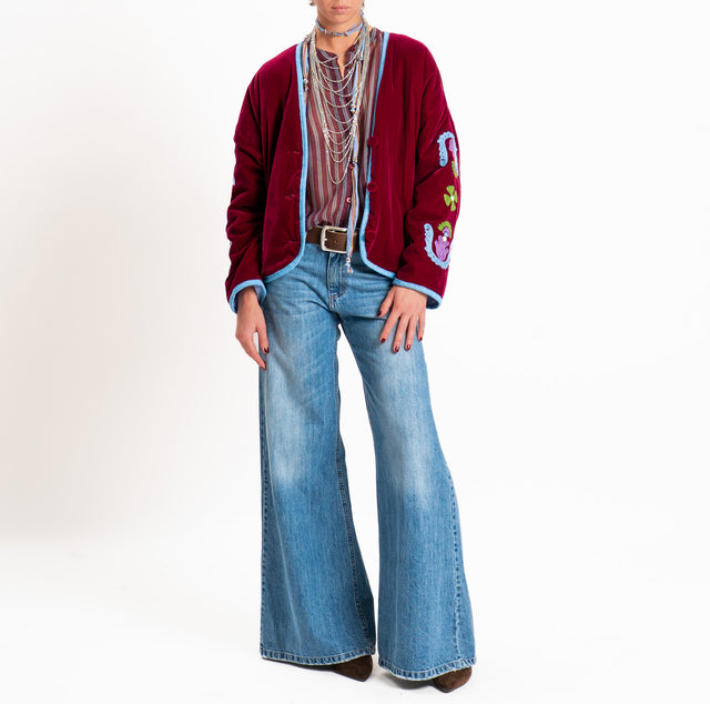 Tensione in-Giacca kimono velluto ciniglia con ric - bordeaux/azzurro/verde