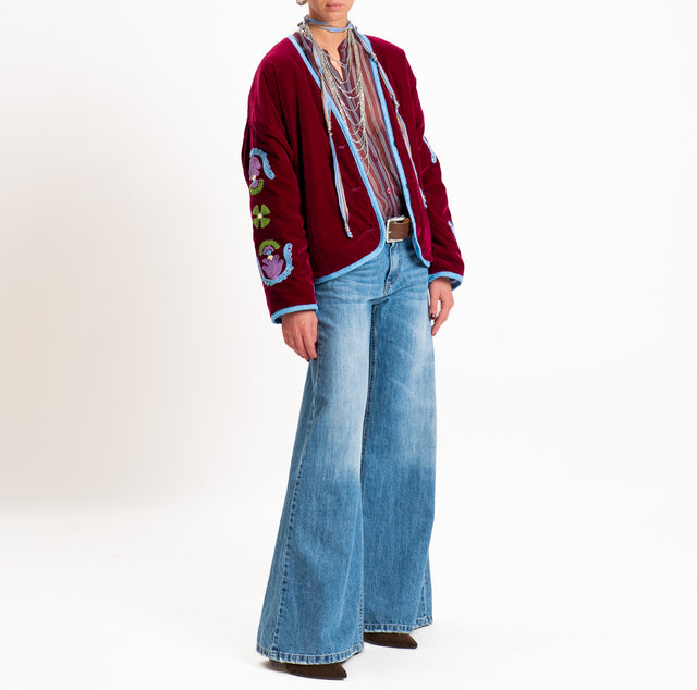 Tensione in-Giacca kimono velluto ciniglia con ric - bordeaux/azzurro/verde