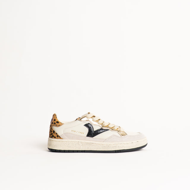 Victoria-Sneakers in pelle con inserti animalier - crema/oro