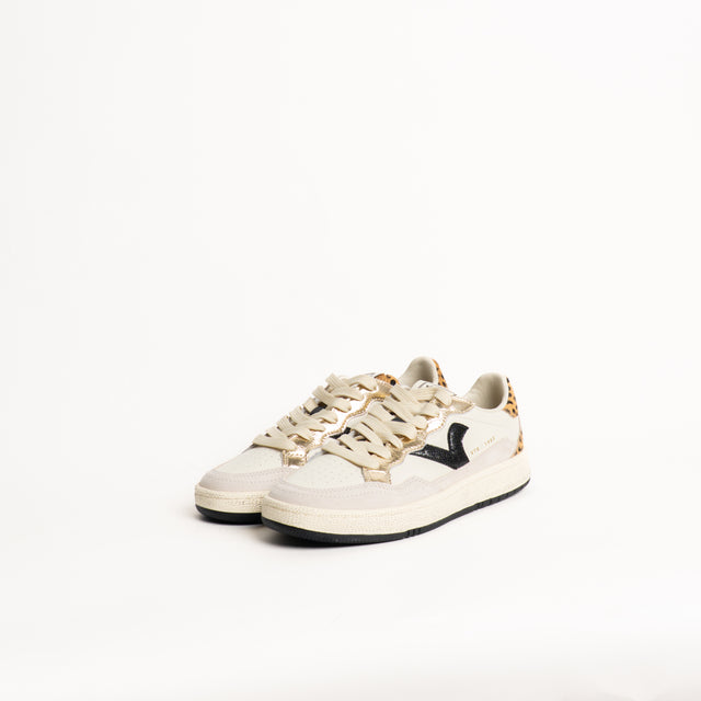 Victoria-Sneakers in pelle con inserti animalier - crema/oro
