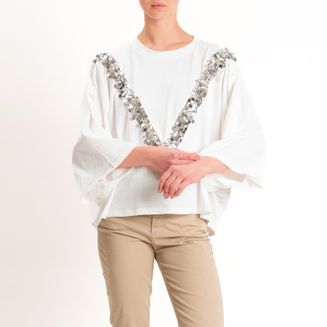 Tensione in-T-shirt scatola manica ampia con paillettes - panna