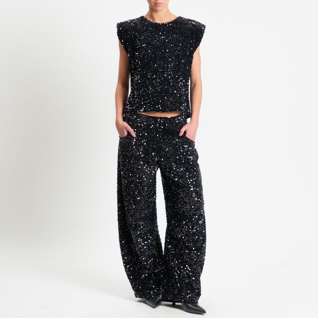 Motel-Pantalone paillettes elastico in vita - nero