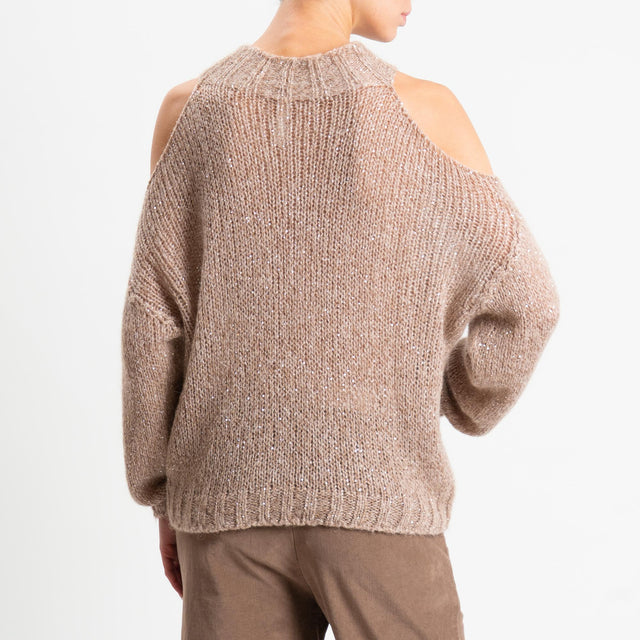 Tensione in-Maglia coste inglese cut out mohair con micro paillettes - beige