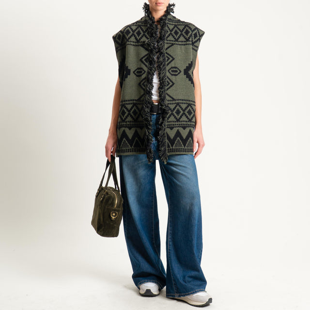 Motel- Gilet jacquard con frange - green/black