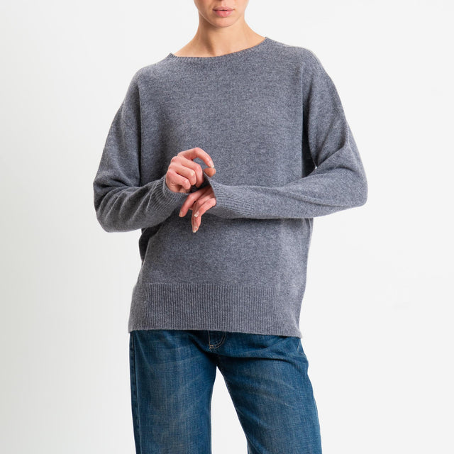 Kontatto-Maglia girocollo bordi a coste 100% LANA - grigio medio