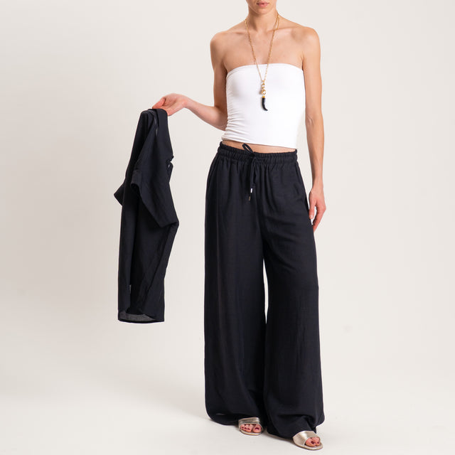 Pantalones de lino con cintura elástica - Negro