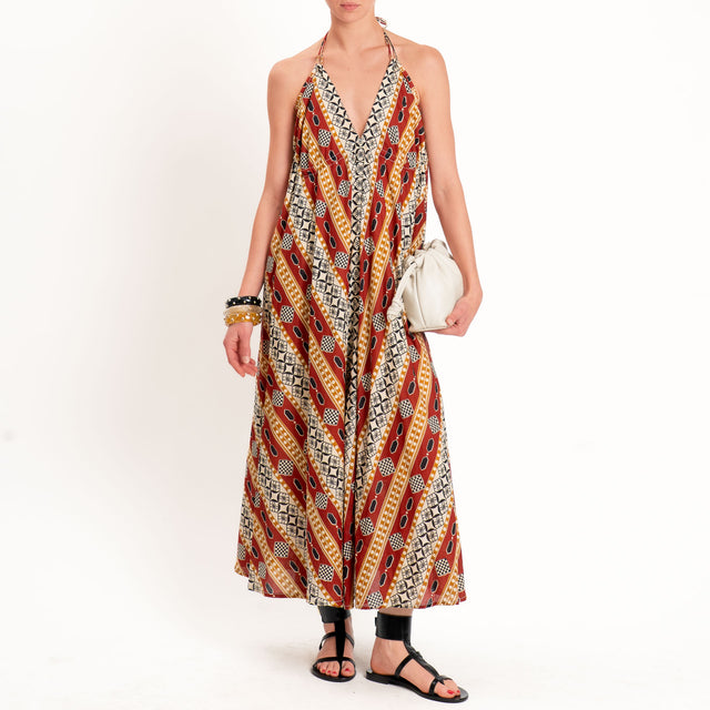 Dixie-Abito mussola scollo halter fantasia - burro/india/nero