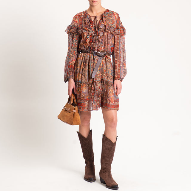 Dixie-Abito georgette fantasia con balza - ruggine/moro/ottanio