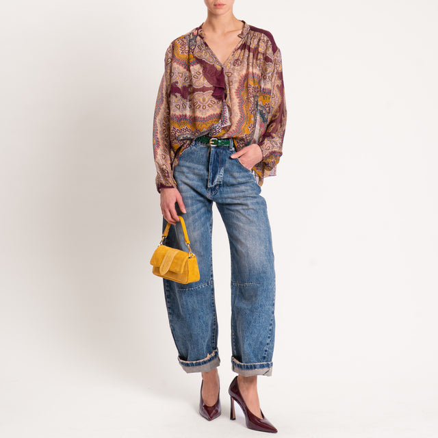 Dixie-Blusa misto seta fantasia con rouches - beige/vino/verde