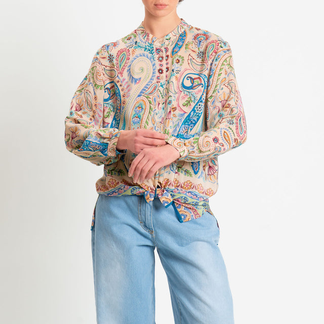 Dixie-Camicia fantasia spacchi laterali - sand/turchese/verde