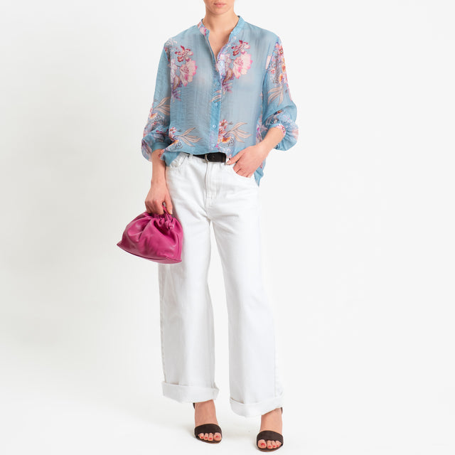 Dixie-Camicia mussola lyocel fantasia floreale - celeste/cipria/india