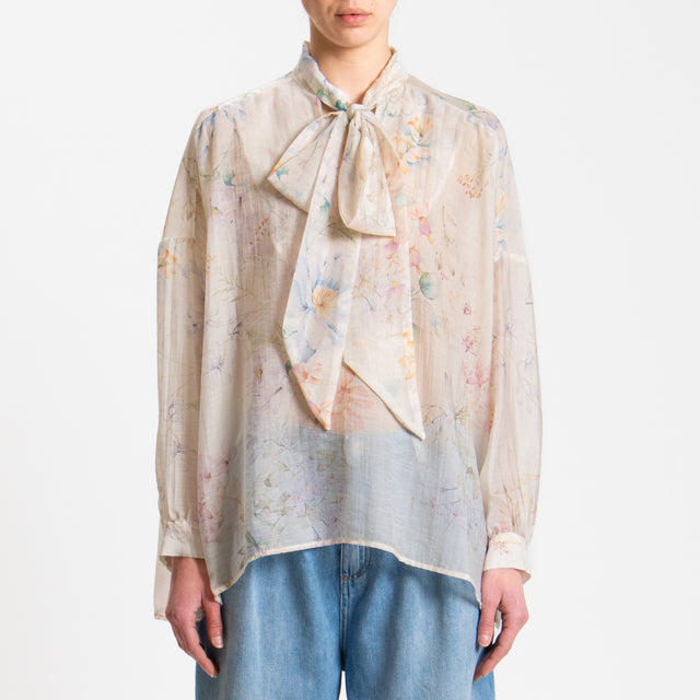 Dixie-Blusa floreale mussola con fiocco - burro/cipria/avio
