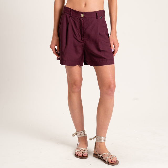 Dixie-Completo misto lino blusa scollo v e shorts - Bordeaux