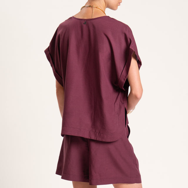 Dixie-Completo misto lino blusa scollo v e shorts - Bordeaux
