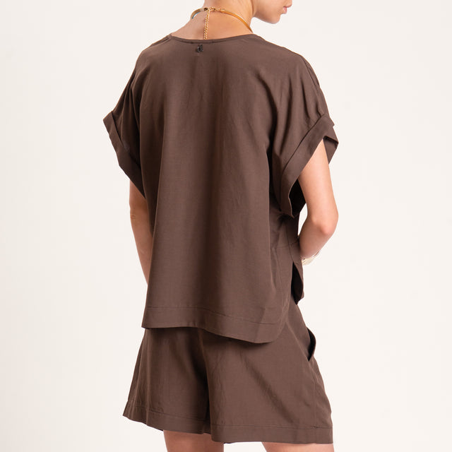 Dixie-Completo misto lino blusa scollo v e shorts - cacao