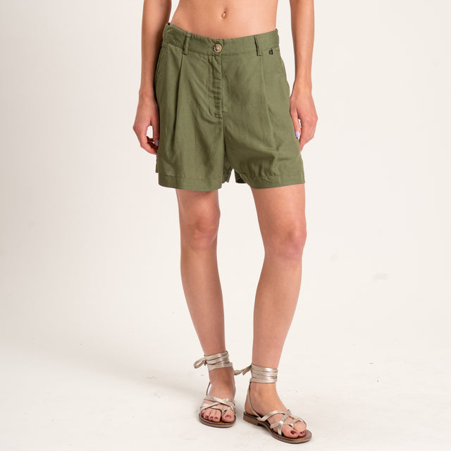 Dixie-Completo misto lino blusa scollo v e shorts - militare