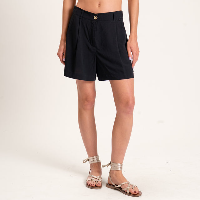 Dixie-Completo misto lino blusa scollo v e shorts - Nero