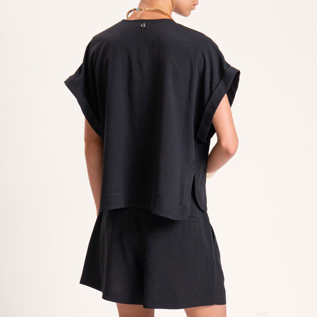 Dixie-Completo misto lino blusa scollo v e shorts - Nero