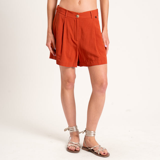 Dixie-Completo misto lino blusa scollo v e shorts - rust